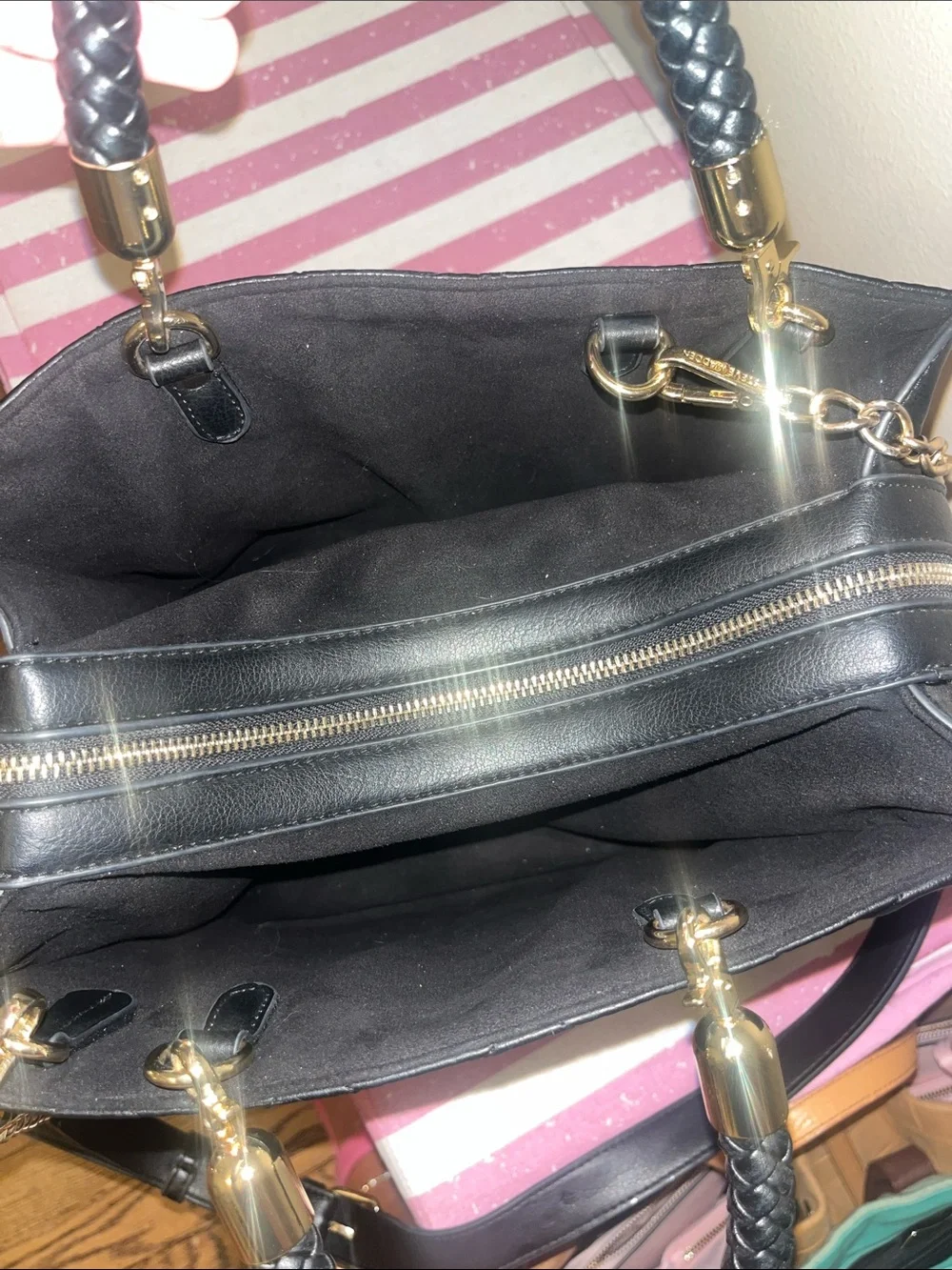Steve Madden Black Quilted Top-Handle Women’s Bag with Gold Hardware